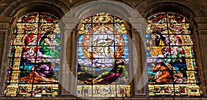 Religious scene of Ascension of Jesus on stained glass windows