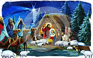 Religious scene with three kings and the holy family traditional illustration for children