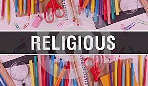 Religious with School supplies on blackboard Background. Religious text on blackboard with school items and elements. Back to