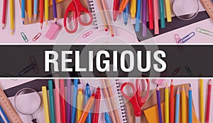 Religious with School supplies on blackboard Background. Religious text on blackboard with school items and elements. Back to photo