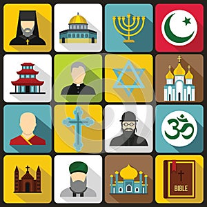 Religious symbol icons set, flat style