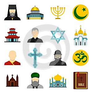 Religious symbol icons set, flat style