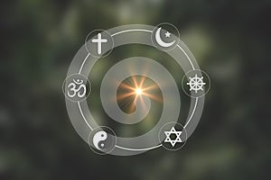 Religious symbols. Christianity cross, Islam crescent, Buddhism dharma wheel, Hinduism aum, Judaism David star, Taoism yin yang,