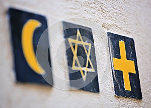 Religious symbols: islamic crescent, jewish David`s star, christian cross