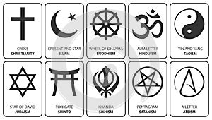 Religious symbols isolated on white. Vector illustrations.