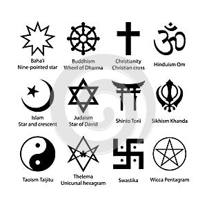 Religious symbols set. Religion signs simple black icon set.