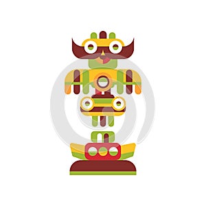 Religious totem pole, colorful native cultural tribal symbol vector Illustration on a white background