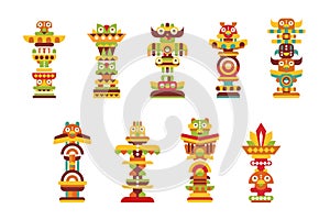 Religious totem set, colorful native cultural tribal symbols vector Illustrations on a white background