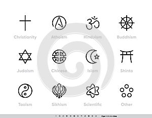 Religious Tradition Symbols set. Christianity, Atheism, Hinduism, Buddhism, Judaism, Chinese, Islam, Shinto, Taoism photo