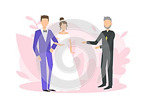 Religious Wedding Ceremony, Couple of Newlyweds and Priest Officiating Wedding Ceremony Flat Vector Illustration