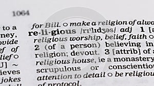 Religious word in dictionary, worshipping god, devotion to church or belief