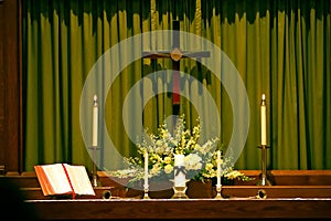 Religous Altar with Bible, Cross and Candles photo