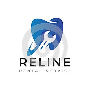 Reline dental service logo, tooth with wrench wedge vector