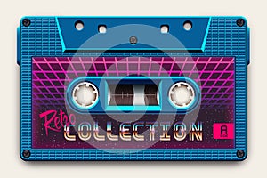 Relistic Bright Blue Audio Cassette, Retro Collection, Mixtape in Style of 80s and Retrowave, Synthwave, Outrun photo