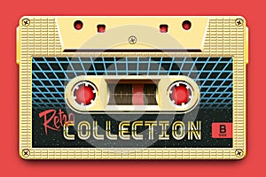 Relistic Golden Audio Cassette, Retro Collection, Mixtape in Style of 80s and Retrowave, Synthwave or Outrun photo