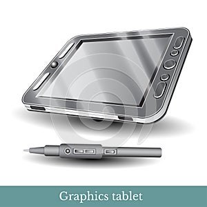 Relistic graphic tablet with pen on white