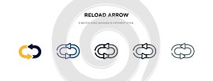 Reload arrow icon in different style vector illustration. two colored and black reload arrow vector icons designed in filled,