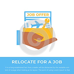 Relocate for a job banner with hand and job offer