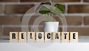 Relocate word. Wooden blocks with word Relocate. Business and Remortgage concept. Copy space.