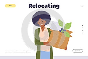 Relocating moving service landing page design template with woman character carrying stuff in box photo