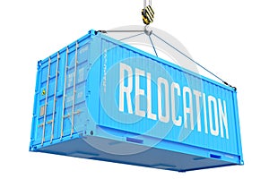 Relocation - Blue Hanging Cargo Container. photo