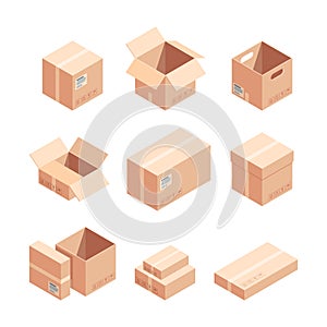 Relocation carton boxes isometric 3D vector illustrations set