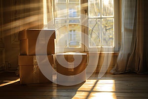 Relocation with moving boxes in a room with a wooden ladder an sunlight