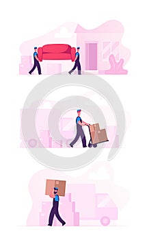 Relocation and Moving into New House Concept Set with Workers Carry Cardboard Boxes and Furniture Using Trolley and Truck