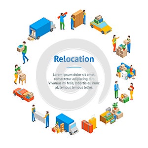 Relocation Service 3d Banner Card Circle Isometric View. Vector