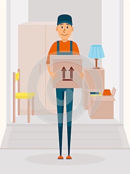 Relocation service concept vector poster. Delivery man cartoon vector character. Man hold the cardboard box