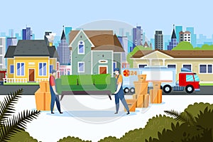 Relocation service delivery, vector illustration. Home estate transportation, people move house furniture to flat truck.