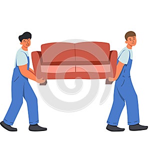 Relocation service. Delivery workers load a sofa. Residential move logistics. Flat style