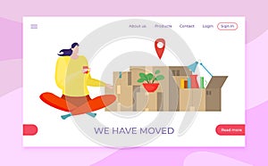 Relocation to new apartment, house, landing page, vector illustration, flat woman character in box package with property
