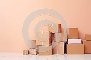 Relocation vibes: moving carton boxes piled up ready for transportation on pink background.