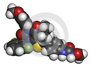 Relugolix drug molecule gonadotropin-releasing hormone receptor antagonist. 3D rendering. Atoms are represented as spheres with.