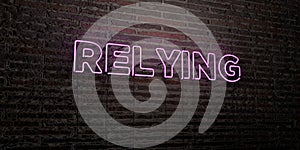 RELYING -Realistic Neon Sign on Brick Wall background - 3D rendered royalty free stock image