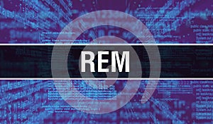 REM with Digital java code text. REM and Computer software coding vector concept. Programming coding script java, digital program photo
