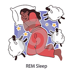 REM or rapid eye movement sleep cycle or stage. Woman in her pajamas