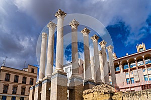 Remaining columns of the Roman temple, templo romano of Cordoba, Spain photo