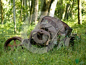 Old rusted abandoned car on natural forest photo