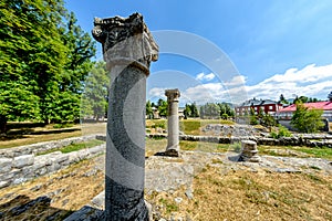 Remains of ancient columns near the Church of the Nativity of the Virgin, built by Nicolas I in 1890, Cetinje, Montenegro