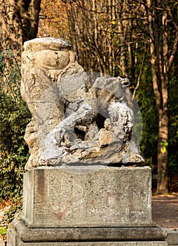 Remains of ancient statues with body part of woman and goat in Turin