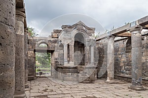 Remains of an ancient synagogue in the ruins of ancient Jewish settlement Umm el Kanatir - Mother Arches on the Golan Heights