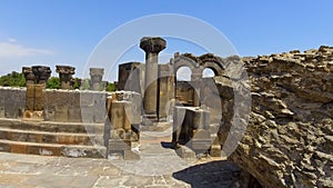 Remains of antique columns, stairs and altars of ancient cathedral, Armenia