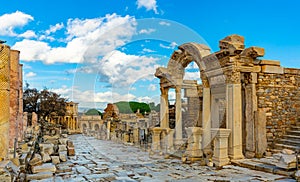 Remains of antique temple of Emperor Hadrian in Ephesus, Turkey