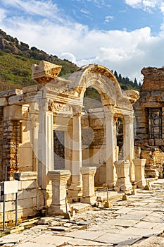 Remains of antique temple of Emperor Hadrian in Ephesus, Turkey