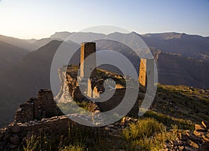 The remains of the aul of the ghost Goor in Dagestan in the evening