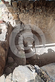Remains of bath for ritual ablutions - Mikvah - in ruins of the ancient Jewish city of Gamla on the Golan Heights destroyed by the