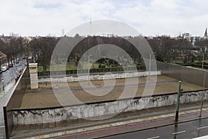 Remains of the Berlin Wall and watchtower from above