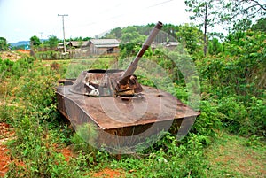The remains of a bombed out Russian tank in northern Loas